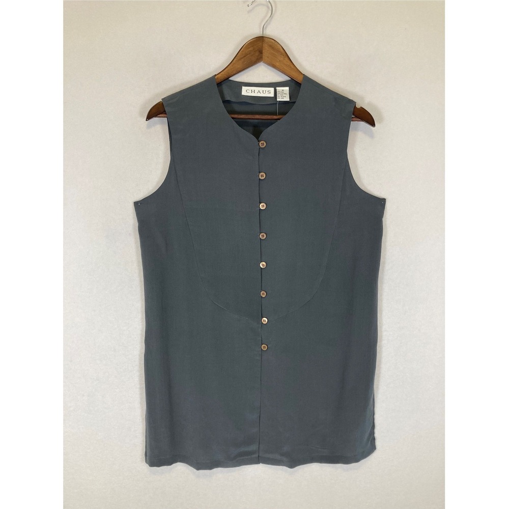 Minimalist NWT Chaus Women 10 Cool Grey‎ 100% Pure Silk Bib Front Slvless Blouse